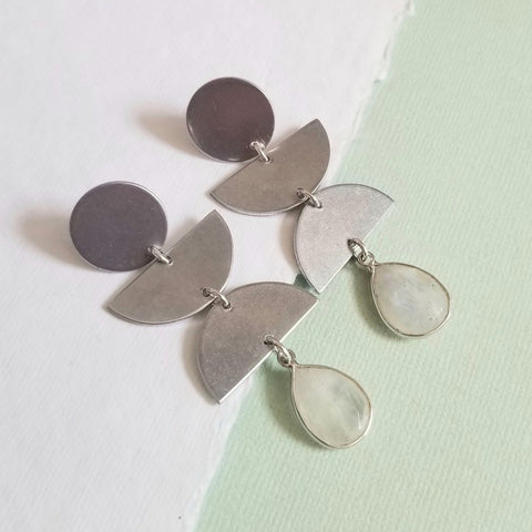 Modern Geometric Earrings, Moonstone Dangle Earrings