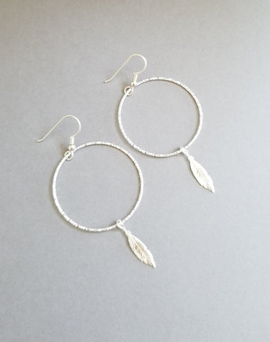 Bohemian Sterling Silver Hoop Earrings, Feather Earrings