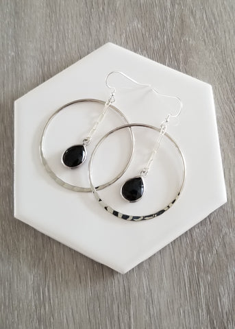 Black Onyx Earrings, Silver Hoop Earrings for Women, Earrings with Teardrop Gemstone, Boho Hoops, Statement Earrings, Earrings that Dangle