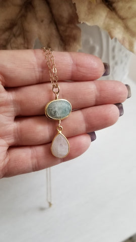 Gold Aquamarine and Moonstone Pendant Necklace for Women