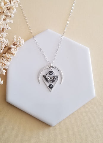 Sterling Silver Moth, Moon and Sun Pendant Necklace forr women, Boho Necklace, Talisman Jewelry