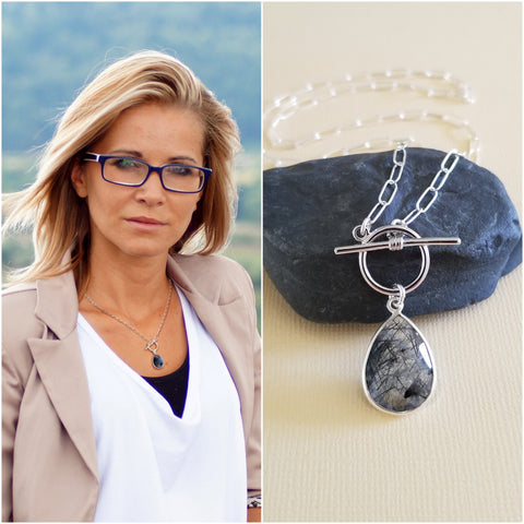 Black Rutilated Quartz Teardrop Necklace, Sterling Silver Paper Clip Chain with Toggle Clasp