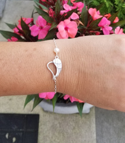 Sterling Silver Angel Wing Heart with Pearl Bracelet