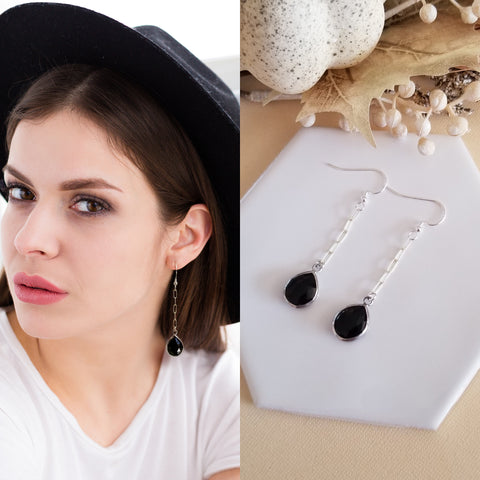 Black Onyx Earrings, Sterling Silver Chain Earrings, Black Onyx Teardrops, Long Gemstone Dangle, Paperclip Chain Earrings with Black Stones