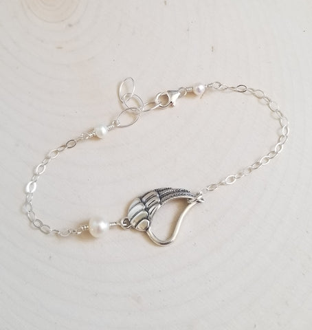 Sterling Silver Angel Wing Heart with Pearl Bracelet
