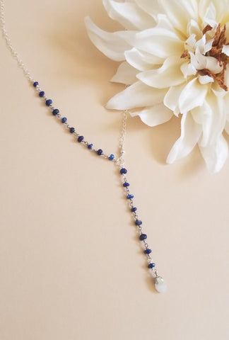 Lapis Lazuli Beaded Necklace, Raw Moonstone Center Drop Necklace