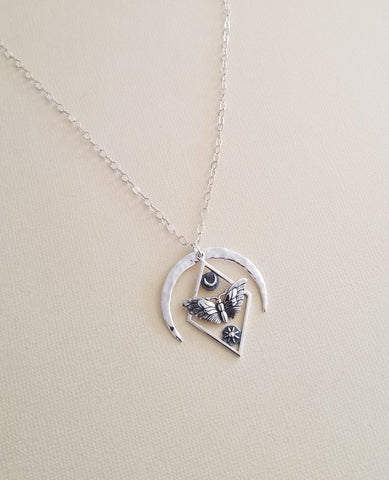 Sterling Silver Moth Necklace, Moth Sun and Moon Pendant Necklace,