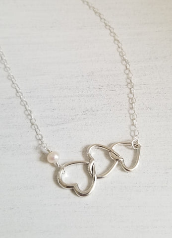 Hearts and Pearl Necklace, Gift for Mom