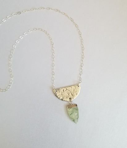 Sterling Silver Hammered Half Moon Necklace with Prehnite Gemstone