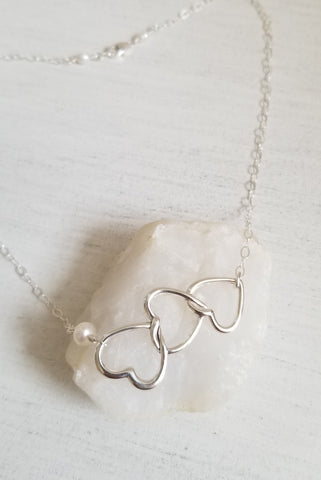 Mother of the Groom Gift, Sterling Silver Hearts and Pearl Necklace