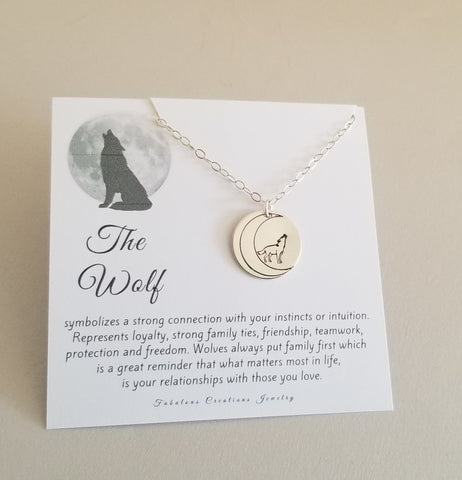 Wolf Necklace, Howling Wolf Pendant Necklace, Spirit Animal Necklace, Wolf Jewelry, Sterling Silver Medallion Necklace, Crescent Moon Charm