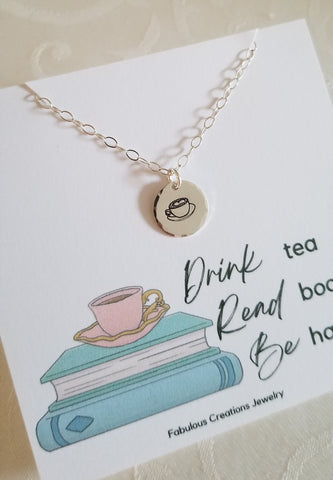 Dainty Tea Cup Charm Necklace, Drink Tea Read Books Be Happy