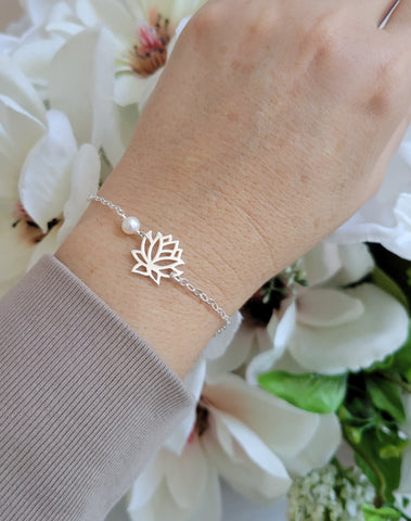 Lotus Flower and Pearl Bracelet, Thin Silver Bracelet, Gift for Her, Fabulous Creations Jewelry