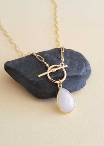Moonstone Teardrop Necklace, Paper Clip Chain with Toggle Clasp