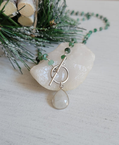 Beaded Emerald Necklace, Moonstone Teardrop Pendant Necklace, Silver Toggle Necklace, Gift for Her