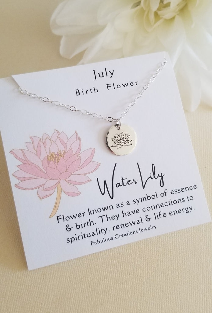 july birth month flower water lily July Birth Flower Necklace, Water Lily Charm Necklace 15 inches / Sterling Silver Smooth