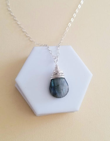 Raw Natural Labradorite Crystal Teardrop Pendant Necklace