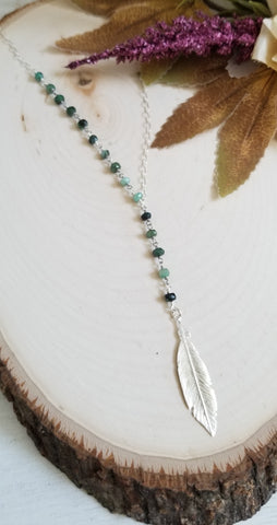 Raw Emerald Rosary Chain Y necklace with Feather
