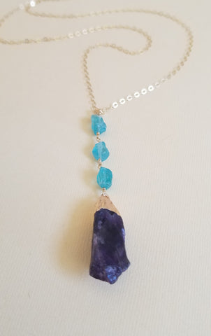 Raw Crystal Necklace, Apatite and Amethyst Pendant Necklace