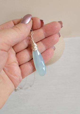 Long Aqua Chalcedony Pendant Necklace, Sterling Silver or 14K Gold Filled