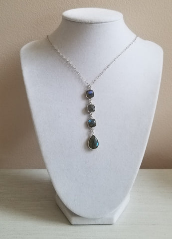 Sterling Silver Labradorite Necklace, Long Gemstone Pendant Neckalce