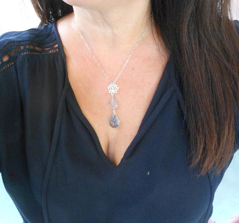 Black Rutilated Quartz Lotus Flower Pendant Necklace