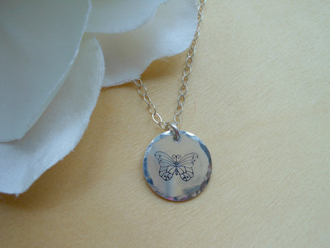 butterfly necklace, engraved, disc necklace, charm necklace