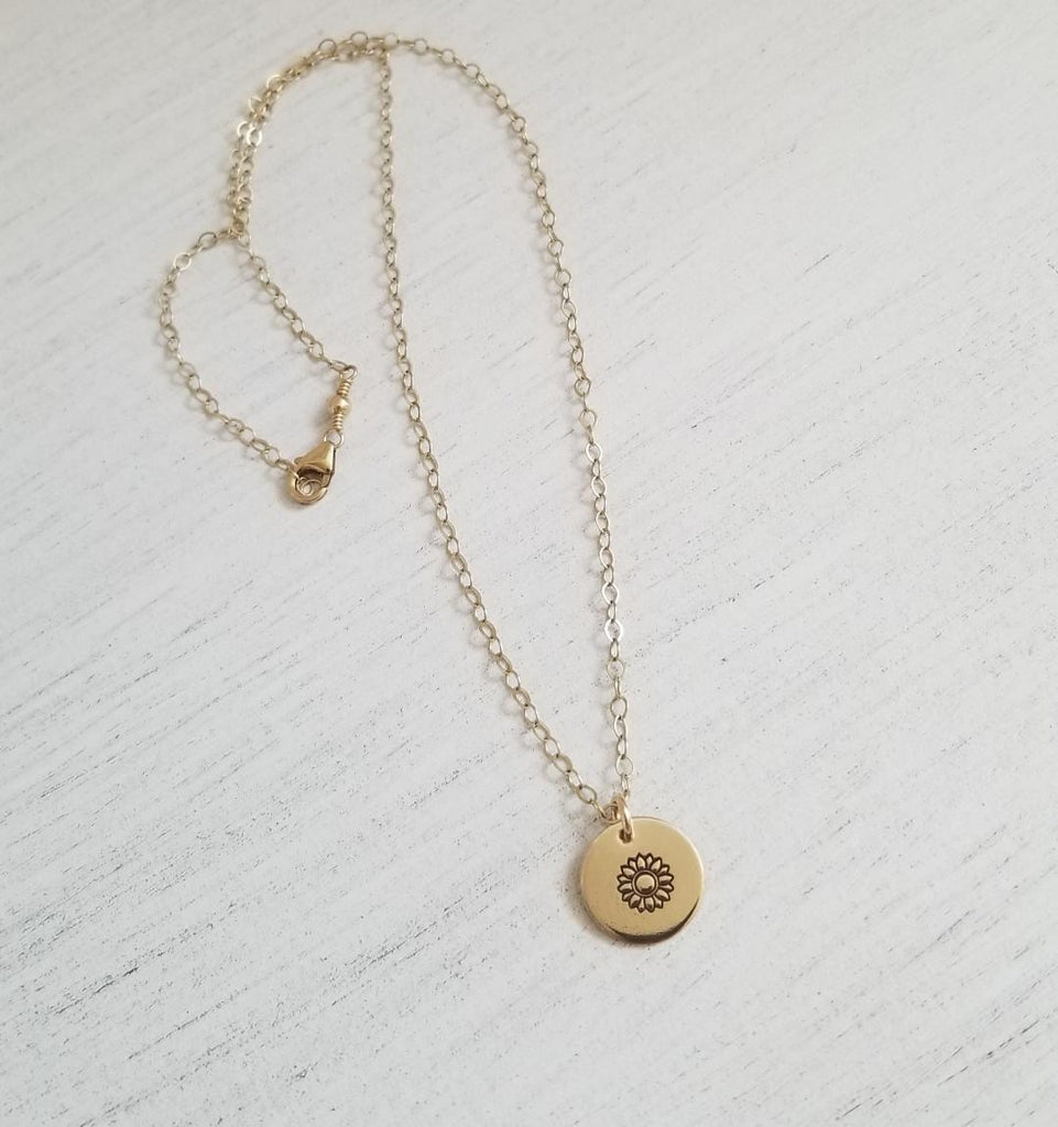 Dainty Gold Sunflower Necklace Custom Stamped Disc Necklace