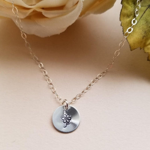 delicate silver necklace, small charm necklace, flower necklace, stamped jewelry