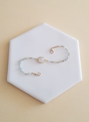 Dainty Aquamarine and Moonstone Bracelet, Boho Beaded Bracelet