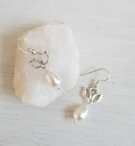 teardrop pearl earrings, silver lotus flower earrings