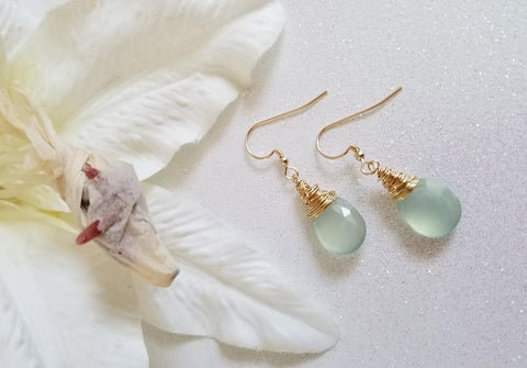 Wire Wrapped Aqua Chalcedony Earrings, Dainty Droplet Earrings