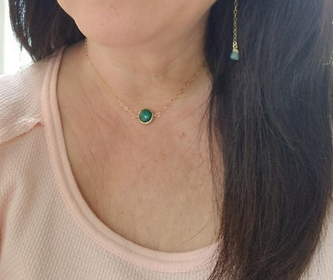 delicate gold choker, green emerald necklace, May birthstone jewelry