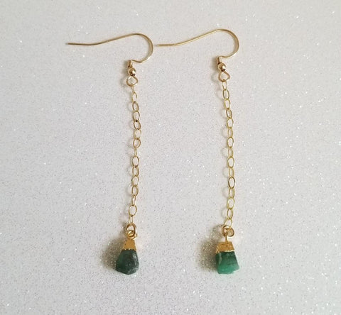 delicate gold earrings, natural emerald earrings, long drop earrings