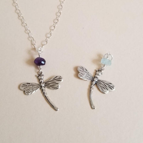 Dragonfly Birthstone Necklace, Sterling Silver, Birthday Gift