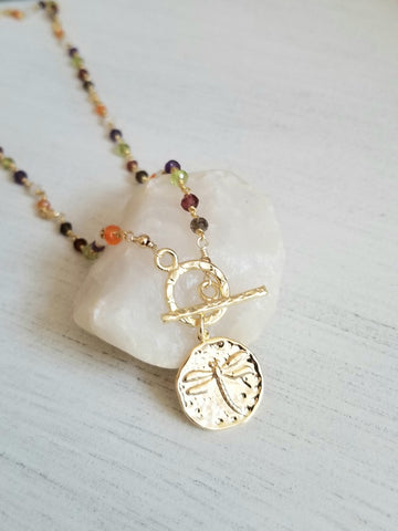 Gold Medallion Dragonfly Charm necklace, Gemstone Rosary Chain