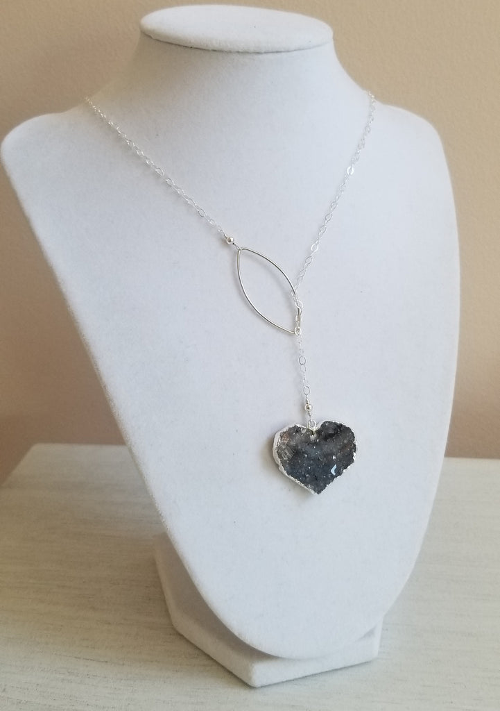 Druzy Heart Necklace Crystal Y Necklace Silver Lariat Fabulous