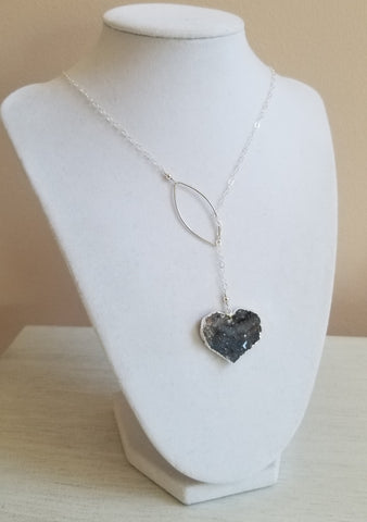 Druzy Heart Necklace, Crystal Y Necklace, Silver Lariat