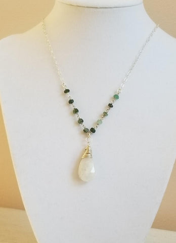 Beaded Emerald Stone Necklace with Teardrop Moonstone