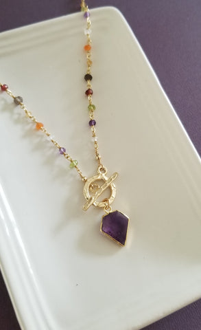 Multi Gemstone Front Toggle Necklace, Amethyst Necklace, Boho Beaded Necklace