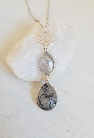 Black Rutilated Quartz Lotus Flower Pendant Necklace