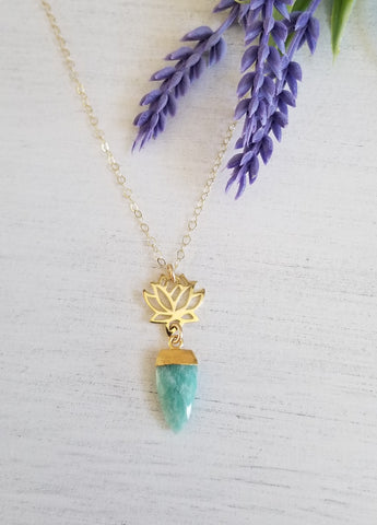 Natural Amazonite and Lotus Flower Pendant Necklace, Gift for Her