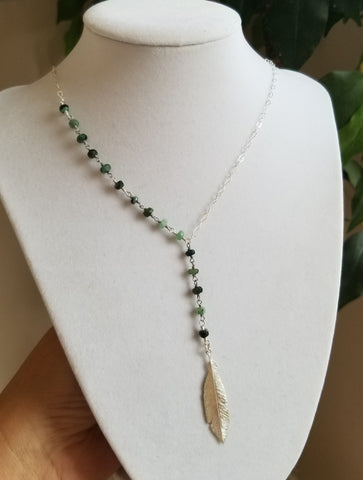 Center drop Emerald necklace, Boho Feather Necklace
