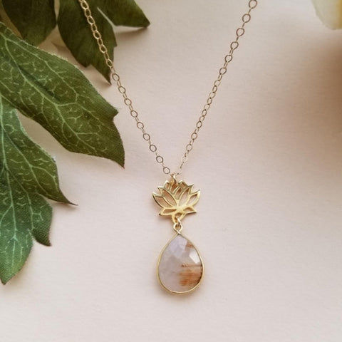 lotus flower pendant necklace, gold rutilated quartz necklace, Fabulous Creations Jewelry