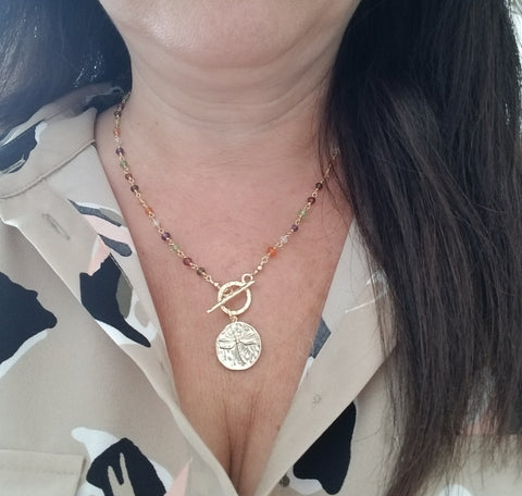 Gold front toggle necklace, Gold Coin Necklace