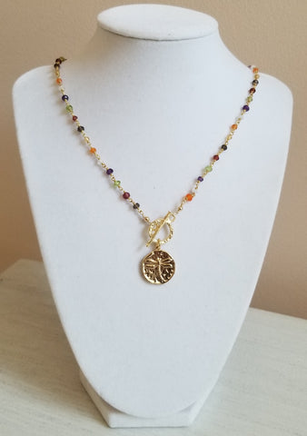 Christmas gift idea for women, Beaded gemstone necklace, Gold Front Toggle Neckalce