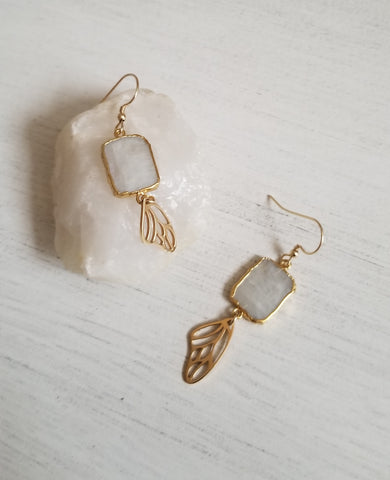 Long Gold earrings, Moonstone Earrings for women