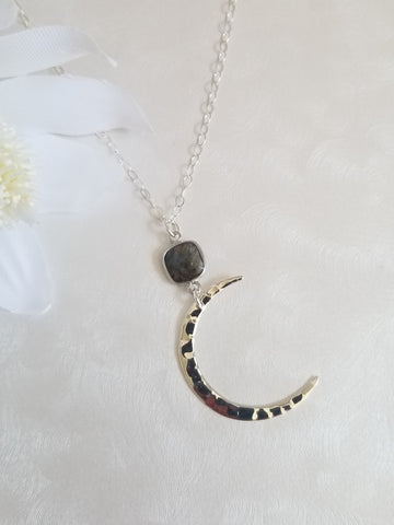 Crescent Moon Necklace with Labradorite, Bohemian Statement Necklace