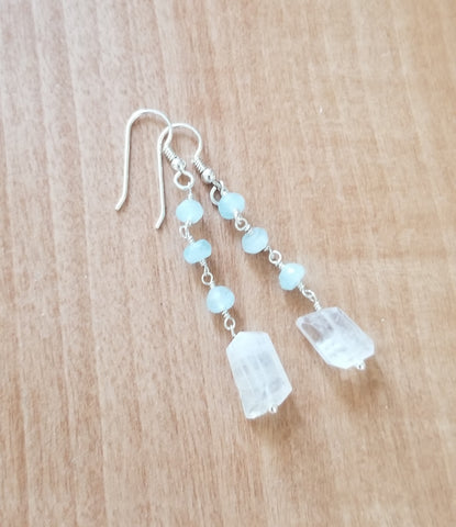 Aquamarine and Moonstone Dangle Earrings, Sterling Silver or Gold Filled