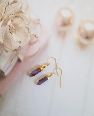 Amethyst Crystal Spike Earrings, Dainty Gold Earrings